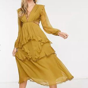 ASOS DESIGN midi mustard dress with long sleeves and circle trim